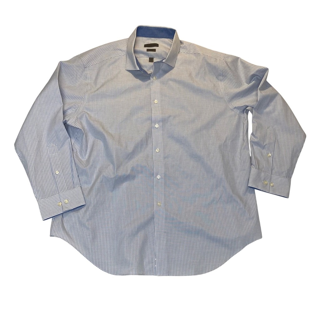 Calvin Klein Mens Blue White Micro Check Slim Fit Non Iron Dress Shirt 18 32-33